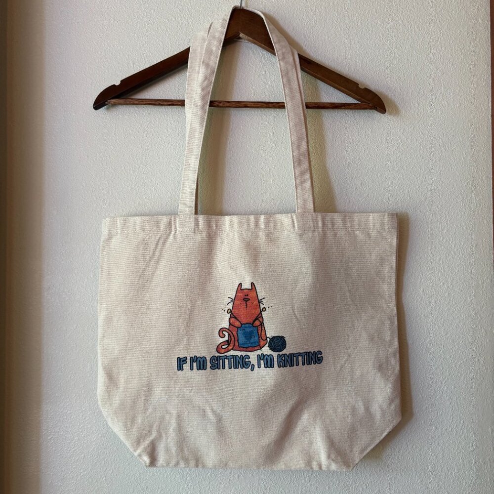 Orange Tabby Cat Knitting Canvas Tote Bag Knitters Cat Lady Person Beige Canvas - Picture 5 of 7